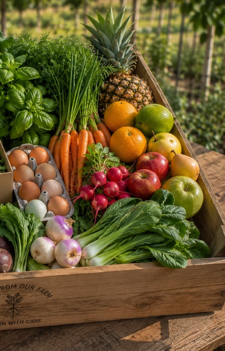 The family box — mixed vegetables, fruit and eggs packed in a crate.
