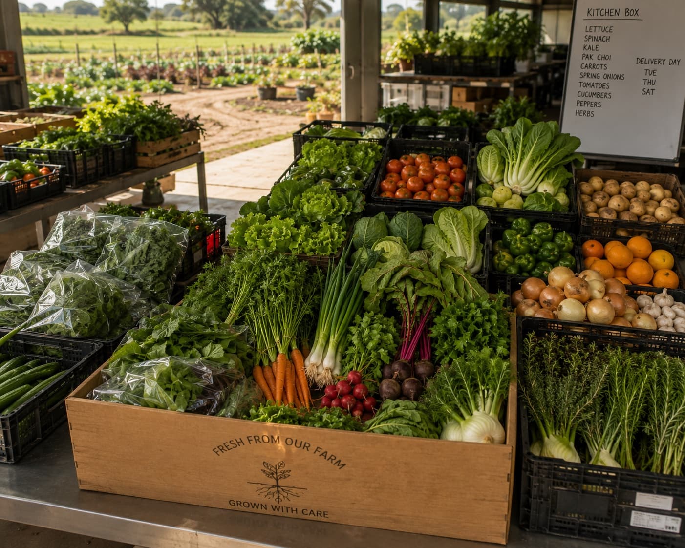 The kitchen box — volume produce graded and boxed for a restaurant order.