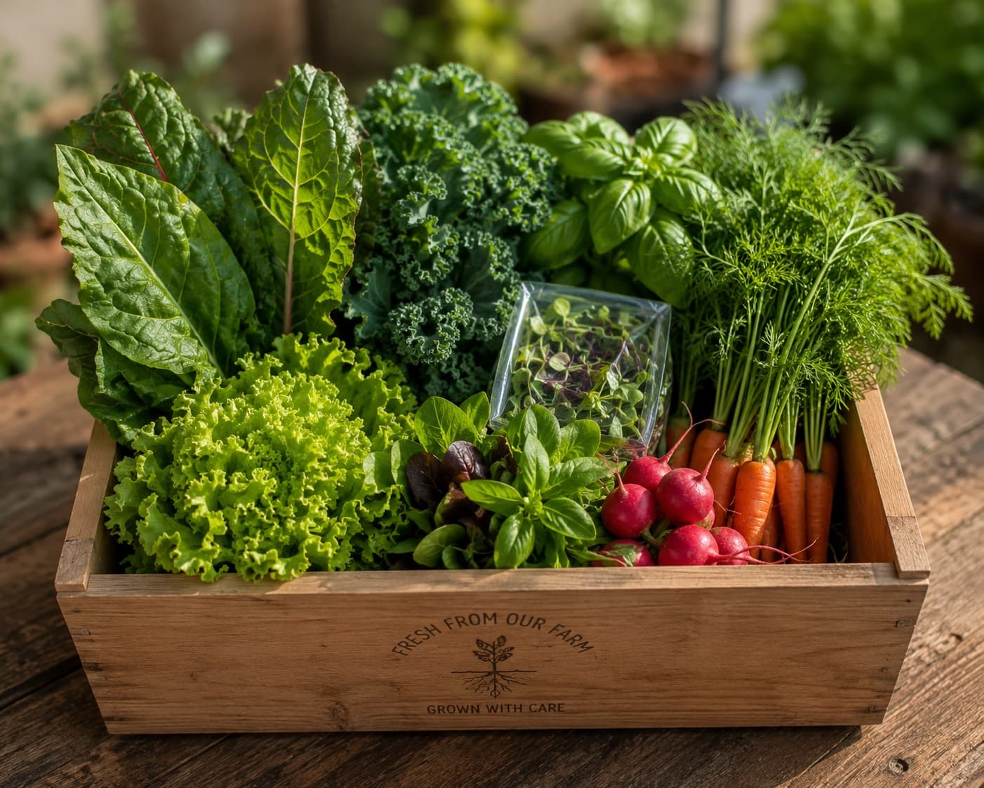 The small box — salad leaf, basil, radishes, carrots and herbs in a crate.