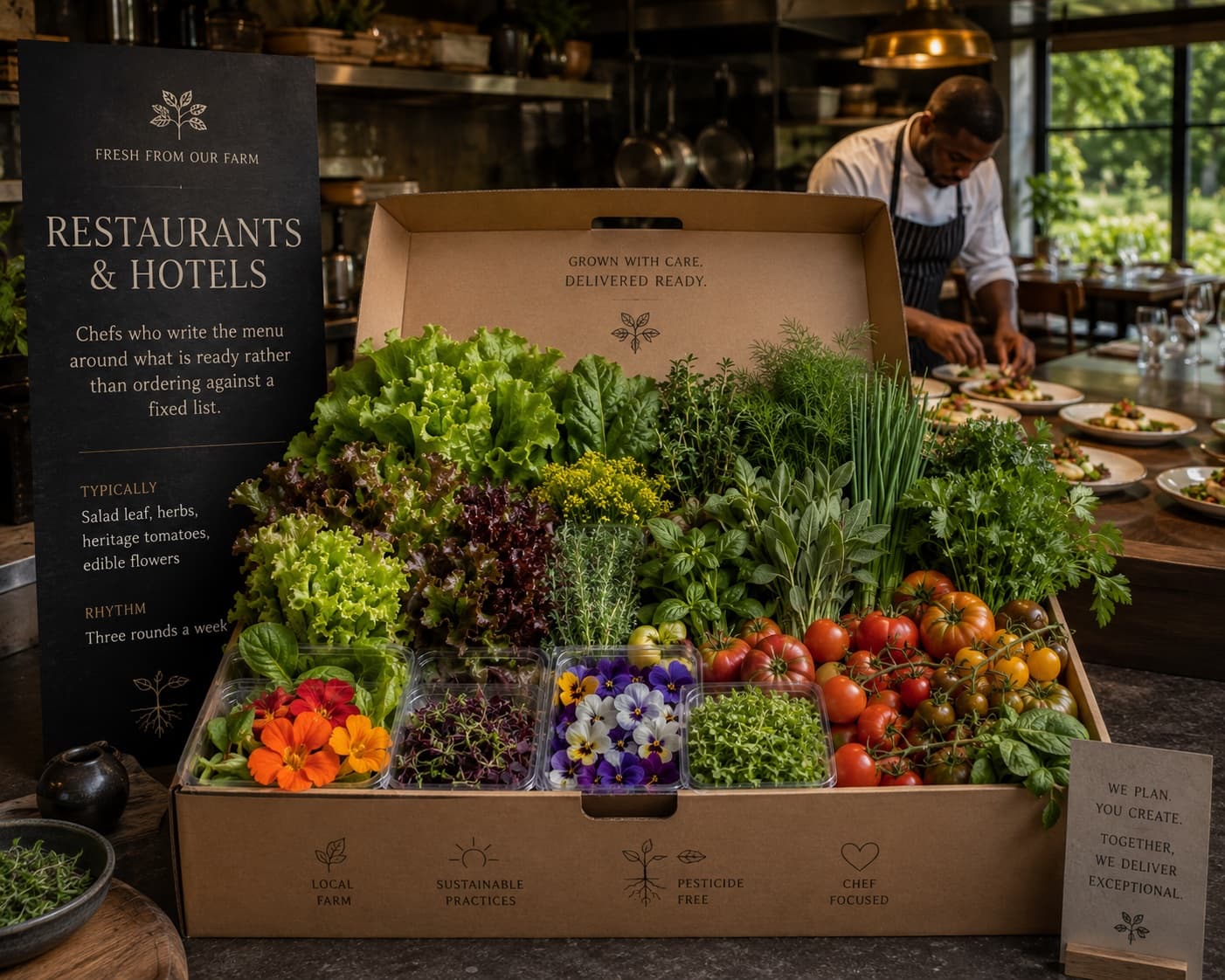 A restaurant order packed out — salad leaf, herbs, heritage tomatoes and edible flowers.