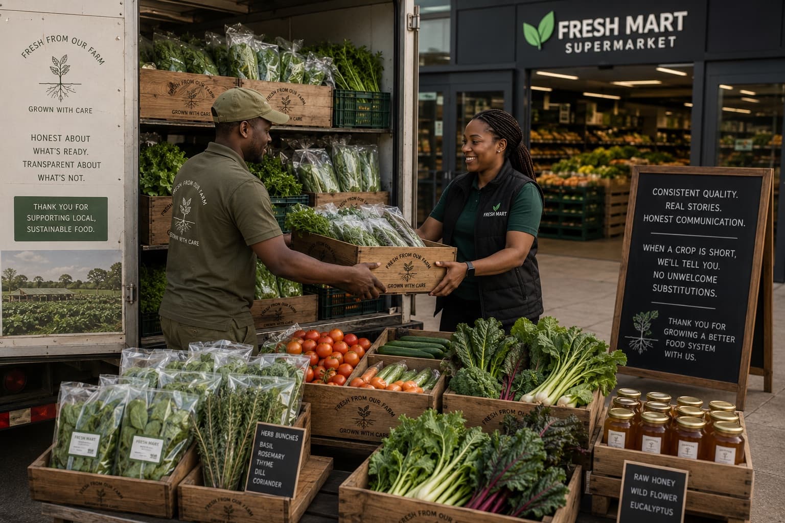 A delivery handed over at a grocer, produce laid out on the stand behind.