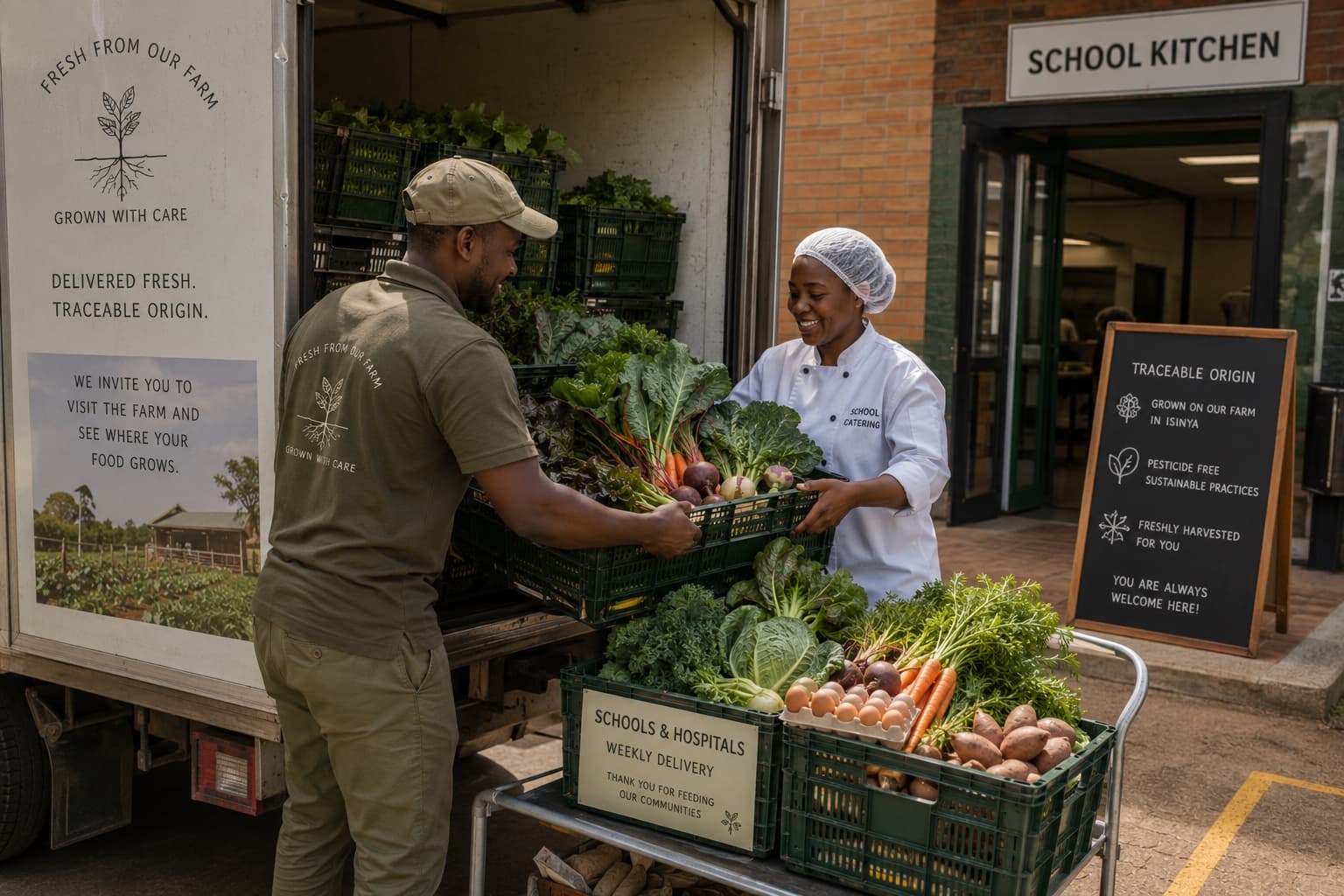 A crate handed over at a school kitchen door.