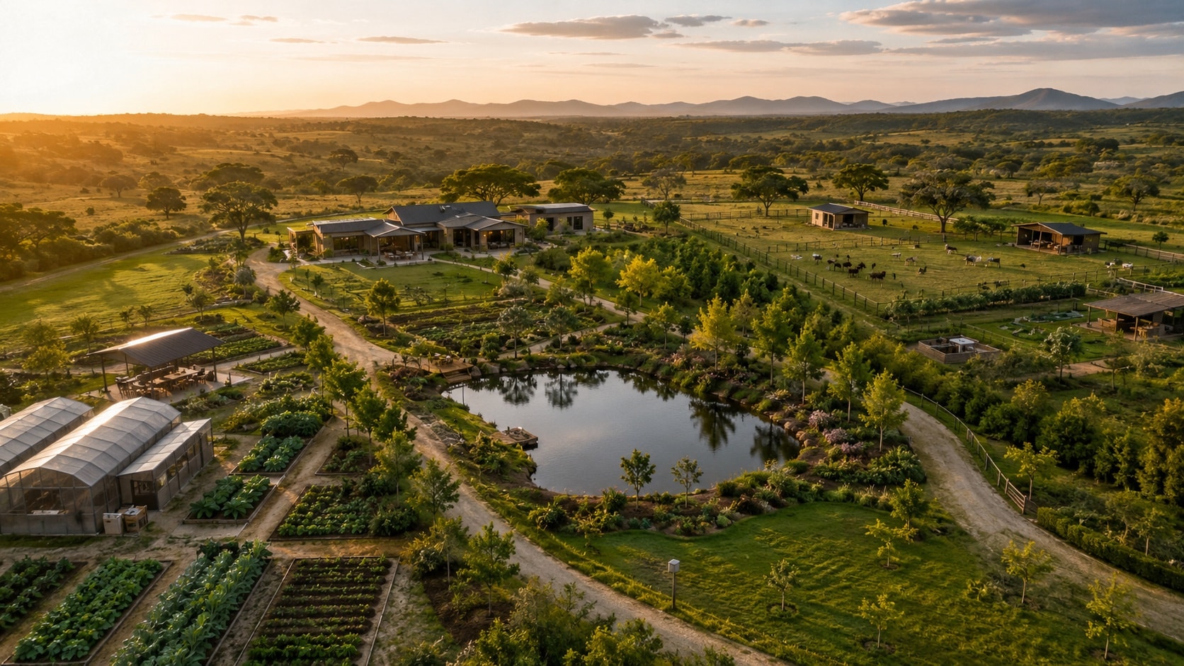 The estate from the air at golden hour — greenhouses and market garden beds in the foreground, the pond and the main house at the centre, livestock paddocks and orchard beyond, and the Kajiado plains running to distant hills.