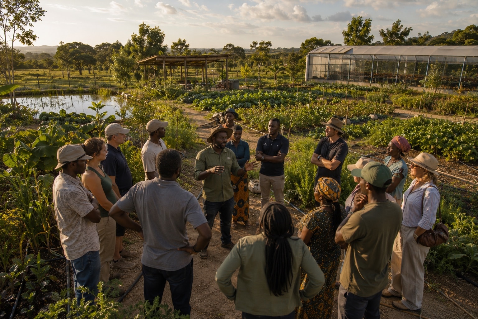 A field day in progress — a group gathered in the beds around one of the team.
